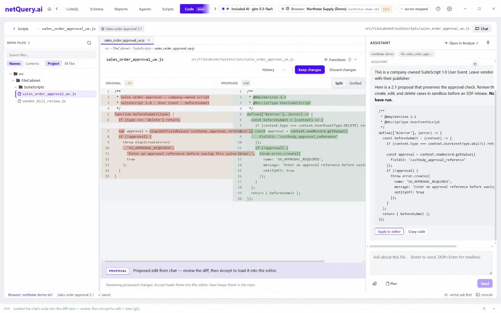 Code (Beta) · A proposed 1.0-to-2.1 edit, ready for review.