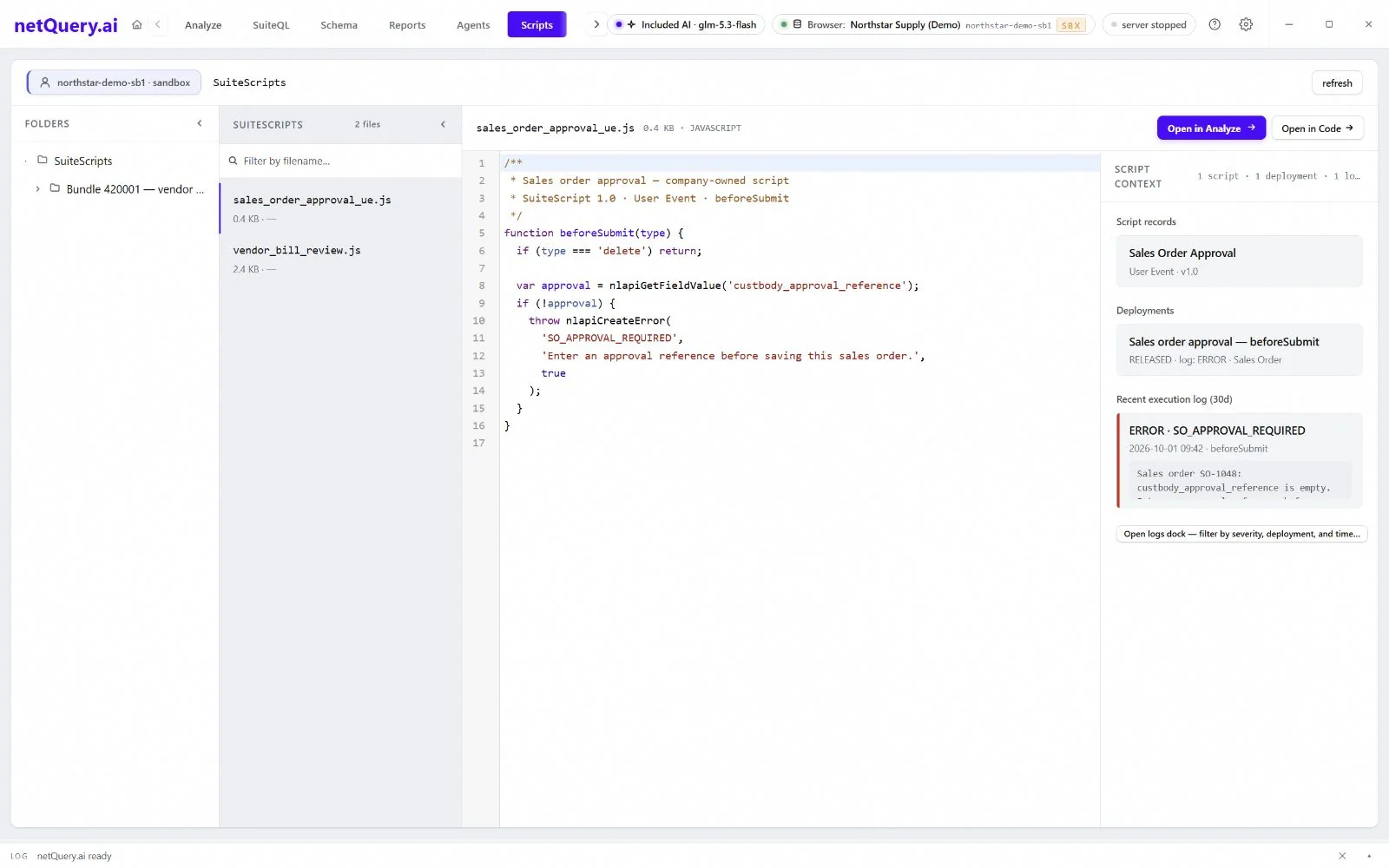 Scripts · Approval logic, deployment details, and recent errors.