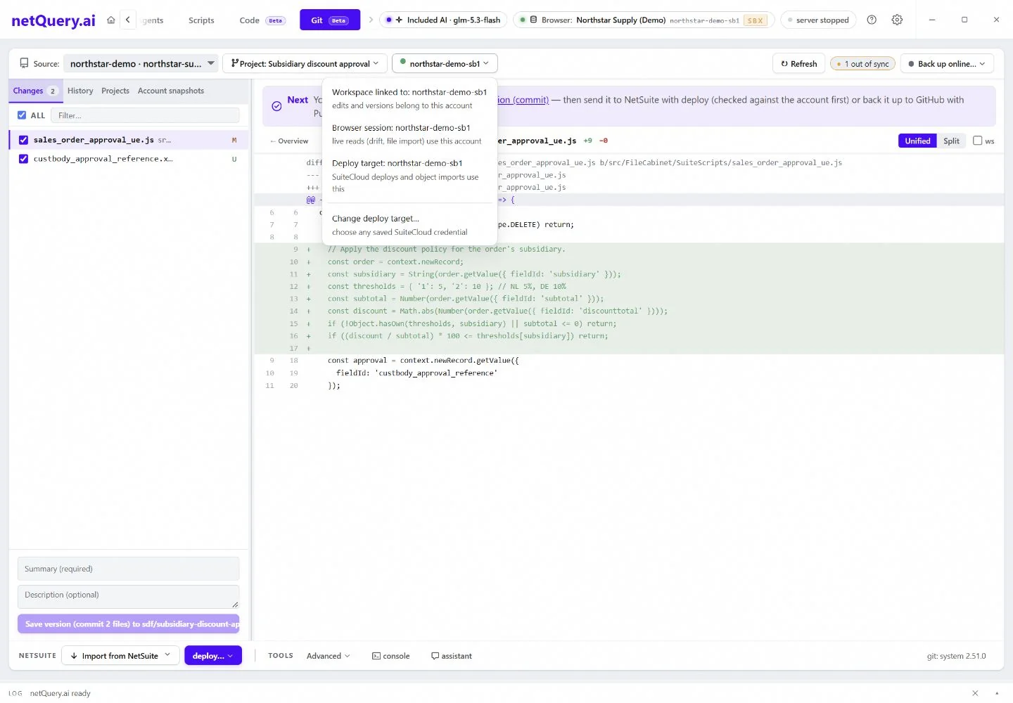 Git (Beta) · Review the solution changes and its SDF destination.
