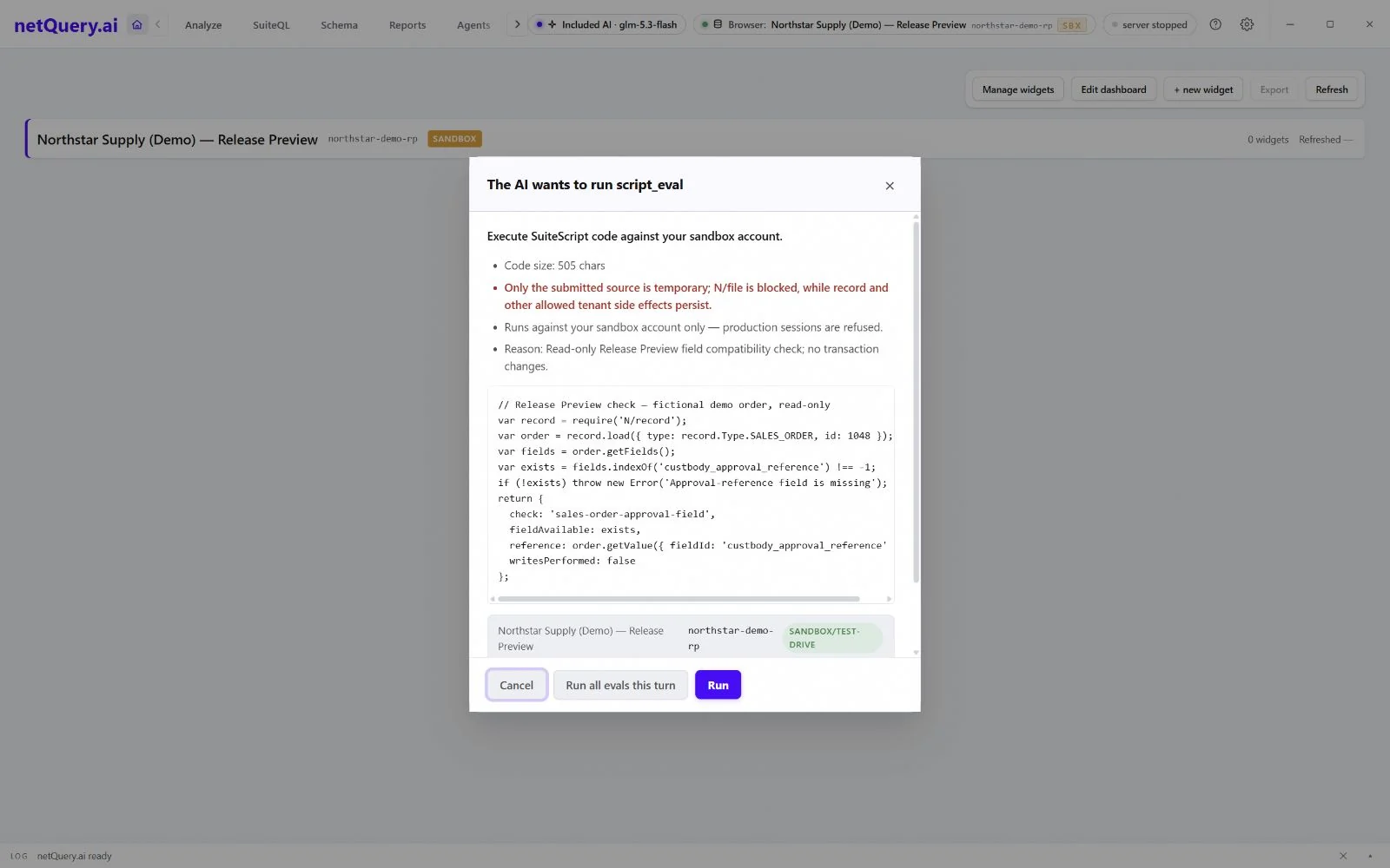 Analyze · Review an executable Release Preview check before running it.